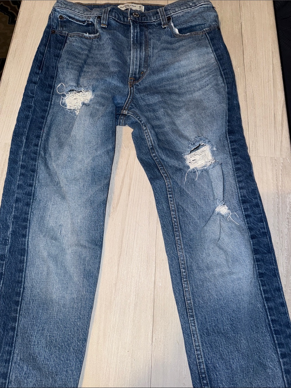 Abercrombie & Fitch Two-Tone High-Rise Distressed Jeans in Medium & Dark Blue
